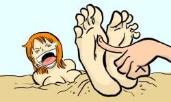 animated beach buried crying everydaycomix feet female foot_fetish male monkey_d_luffy nami_(one_piece) one_piece pre-timeskip tears tickling tickling_feet