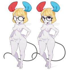 2022 animal_crossing anthro areola blonde_hair blue_inner_ear breasts coffeechicken eyewear eyewear_only female fur furry furry_only genitals glasses glasses_only hair hi_res looking_at_viewer mammal mouse murid murine naked navel nintendo nipples nude petri_(animal_crossing) pussy red_inner_ear rodent short_hair simple_background solo tail video_games