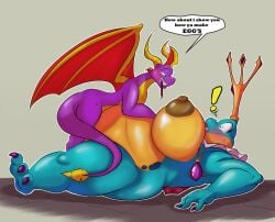 1boy 1girls breasts chubby_female crown huge_breasts imminent_impregnation imminent_sex jewelry nipples no_humans shinysteel smaller_male sorceress_(spyro) spyro spyro_the_dragon surprised surprised_expression