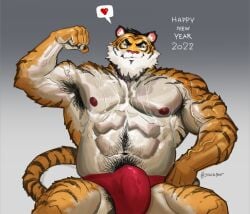 2022 abs anthro armpit_hair barazoku biceps big_bulge big_muscles bodily_fluids body_hair bulge clothing dialogue_box english_text eyebrows felid flexing fur gradient_background grey_background hair hand_on_hip happy_trail heart hi_res holidays huge_muscles looking_at_viewer male male_only mammal muscular muscular_anthro muscular_male navel new_year nipples number obliques pantherine pecs pictographics pubes simple_background sitting smile smirk solo solo_male suck-nis sweat text thong tiger tuft underwear url vein veiny_muscles