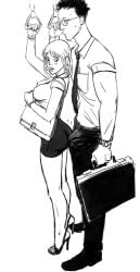 au_(artist) black_and_white blonde_hair breasts erection erection_under_clothes glasses high_heels nipples_visible_through_clothing office_lady public public_transportation