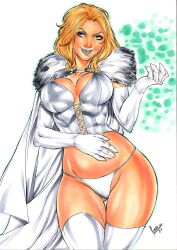 blonde_hair blue_eyes elbow_gloves emma_frost hellfire_club huge_breasts leoartcomics lingerie marvel marvel_comics panties silver_lipstick thighhighs white_queen wide_hips x-men