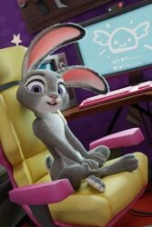 1girls 3d anthro chair computer disney female female_only fever-dreamer flat_chest furry judy_hopps looking_at_viewer nude open_mouth pinup rabbit solo zootopia zootropolis