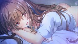 ass bangs bed_sheet bottomless brown_hair eyebrows_visible_through_hair eyes_visible_through_hair female female game_cg hair_between_eyes hair_over_one_eye hibikino-san-chi_wa_eroge-ya-san! hibikino_tsumugi highres indoors long_hair looking_at_viewer lying naked_shirt on_stomach open_mouth red_eyes sawayaka_samehada shiny shiny_hair shiny_skin shirt short_sleeves solo straight_hair very_long_hair white_shirt