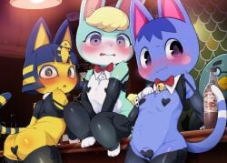 1boy 2girls animal_crossing ankha ankha_(animal_crossing) anthro ass blonde_hair blush bodily_fluids breasts brewster_(animal_crossing) clothed clothing dagasi doubutsu_no_mori egyptian felid feline felis female femboy fur furry furry_only genitals green_body green_fur hair heart heart_maebari hi_res lagomorph leather leporid looking_at_viewer maebari male mammal master_(doubutsu_no_mori) nairu nairu_(doubutsu_no_mori) nintendo pussy rabbit rosie_(animal_crossing) sasha_(animal_crossing) tail tears video_games yellow_body