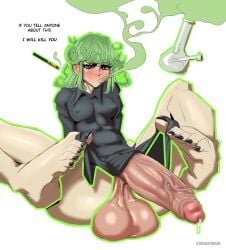 1futa alternate_version_at_source balls bong bottomless breasts clothed clothing dialogue drugged erection feet foot_focus futa_only futanari green_hair huge_balls huge_cock human large_penis lifting_skirt light-skinned_futanari light_skin nipples_visible_through_clothing one-punch_man open_toe_shoes pale_skin partially_clothed penis short_hair smoking solo streachybear tatsumaki text weed