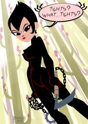 1girls ashi_(samurai_jack) black_bodysuit black_hair bodysuit breasts daughters_of_aku dialogue forest innie_pussy kusarigama looking_at_viewer looking_down looking_down_at_viewer naked naked_female nipples nude nude_female pussy samurai_jack scythe solo solo_female solo_focus talking_to_viewer trees villainess xierra099