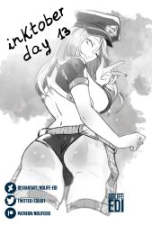 1girls ass big_breasts breasts bubble_butt busty camie_utsushimi dat_ass female female_only female_solo from_behind hat katsuki_bakugou_(cosplay) large_breasts monochrome my_hero_academia nolife-edi peace_sign shiketsu_high_school_cap sideboob smile solo v wink