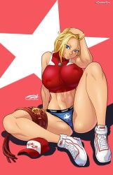 1girls bent_legs blonde_hair blue_eyes blue_mary darkereve female female_only hi_res king_of_fighters long_hair looking_at_viewer nipple_bulge panties sitting sitting_on_floor smiling smiling_at_viewer snk solo solo_female toned toned_female topwear