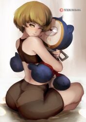 bbadogg bike_shorts female female_focus hugging persona persona_4 plushie satonaka_chie spats teddie teddie_(persona) tomboy workout_clothes