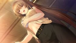 bangs belt belt_buckle black_belt black_pants bra breasts brown_hair buckle clothes_lift eyebrows_visible_through_hair female female floating_hair from_below game_cg hair_between_eyes hair_intakes hibikino-san-chi_wa_eroge-ya-san! hibikino_tsumugi highres indoors large_breasts lifted_by_self long_hair midriff navel open_mouth pants red_eyes ribbed_sweater sawayaka_samehada self_fondle shiny shiny_hair sleeveless sleeveless_sweater solo stomach straight_hair sweater sweater_lift turtleneck turtleneck_sweater underwear very_long_hair white_bra wooden_ceiling yellow_sweater