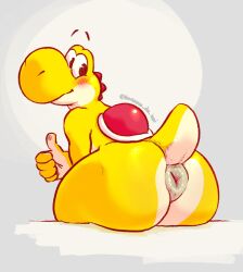 2022 anthro anus ass big_anus big_butt blush bubble_butt gesture grey_background hi_res looking_back male male_only mario_(series) nintendo nude presenting presenting_anus presenting_hindquarters puffy_anus scalie serex shell simple_background sitting smile solo text thumbs_up url video_games white_background yellow_yoshi yoshi