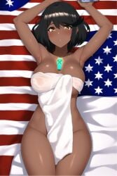 ai_generated alternate_skin_color american_flag black_hair black_skin blackened_pyra core_crystal dark-skinned_female dark_hair dark_skin large_breasts lying lying_on_back nai_diffusion naked_towel on_back pyra race_swap red_hair robofun stable_diffusion xenoblade_(series) xenoblade_chronicles_2