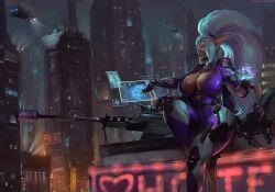 1girls 4_arms big_lips bodysuit breasts city cityscape cleavage cutesexyrobutts dark_skin female female_only gun hologram holographic_interface huge_breasts kira_pewpew multi_arm multi_limb neon neon_lights pointy_ears shadowrun silver_hair sitting sniper_rifle solo thick_thighs veil