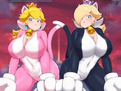 2022 2girls alternate_costume animal_hands artist_logo artist_signature blonde_hair blue_eyes bowser's_fury breasts cat_costume cat_ears cat_peach cat_rosalina cat_suit cleavage clothed clothed_female crown female female_only hair_over_one_eye hi_res hips huge_breasts kaos_art kneeling long_hair looking_at_viewer mario_(series) nintendo outdoors paw_gloves paws png princess princess_peach princess_rosalina red_sky royalty slim_waist super_bell super_mario_3d_world tail tail_accessory thick_thighs thighs very_high_resolution wide_hips
