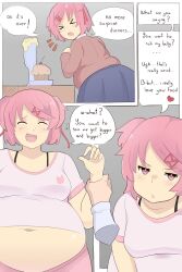 1girls blue_skirt blush casual chubby clothed clothing comic dialogue disembodied_hand doki_doki_literature_club embarrassed fat female happy napolitane natsuki_(doki_doki_literature_club) navel offscreen_character overweight overweight_female pink_eyes pink_hair plump ribbon school_uniform shirt short_hair skirt smile text tight_clothing weight_gain