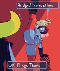 1boy 1girls anus black_gloves blue_skin blush checker deergenerate exposed_pussy female female_focus flying_sweatdrops hylics nude_female presenting_pussy pussy skull_helmet somsnosa_(hylics) standing_split suggestive_pose sweat tagme text_box thighhighs uncensored vagina vertical_splits wayne_(hylics) yellow_skin