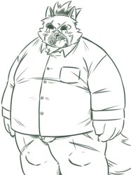 2022 anthro balls canid canine canis clothing domestic_dog flaccid genitals hi_res humanoid_genitalia humanoid_hands humanoid_penis kemono lifewonders male mammal mind_drive mizuse_higomaru overweight overweight_male penis scar shirt simple_background solo tokyo_afterschool_summoners topwear video_games white_background yasuyori