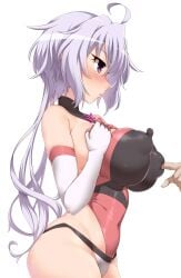 absurdres ahoge blush breasts covered_navel covered_nipples elbow_gloves eyebrows_visible_through_hair female gloves heart heart-shaped_pupils highres impossible_clothes large_breasts long_hair nipple_press open_mouth puffy_nipples purple_eyes purple_hair senki_zesshou_symphogear shiny shiny_hair shiny_skin simple_background skin_tight standing sweat symbol-shaped_pupils white_background white_gloves yoshi_tama yukine_chris