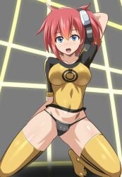 1girls ami_aiba blue_eyes breasts clothed digimon digimon_story digimon_story:_cyber_sleuth female female_only female_protagonist goggles hand_behind_head heigako heigani human kneeling large_breasts looking_at_viewer open_mouth panties ponytail red_hair side_ponytail smile solo thighhighs tight_clothing