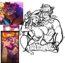 1boy 1girls age_difference bead_necklace beads celestial_(league_of_legends) cute female flower glasses league_of_legends looking_at_another looking_at_partner madsuwu male_focus muscles necklace order_of_the_banana_soraka pool_party_series pool_party_sett purple-tinted_eyewear sett sketch smile smiling soraka sunglasses the_grind_series tinted_eyewear vastaya