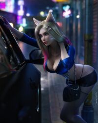 1girls 3d 3d_(artwork) ahri bare_midriff bent_over bimbo bimbo_prostitute blonde_hair blue_eyes breasts cleavage crop_top female female_focus fishnet_legwear fishnet_stockings fishnets fox_ears k/da_ahri k/da_series large_breasts league_of_legends miniskirt prostitute prostitution riot_games soliciting solo therealzoh thighhighs thong whisker_markings