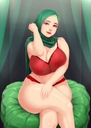 bbw big_ass big_breasts bra cleavage crossed_legs female female_only hijab hijabolic looking_at_viewer milf solo solo_female tagme