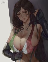 1girls 2022 abs against_wall araneesama artist_signature breasts brown_hair cleavage cutesexyrobutts_(style) female female_only final_fantasy final_fantasy_vii final_fantasy_vii_remake hi_res huge_breasts italian_flag italian_senate_hack large_filesize long_hair looking_at_viewer meme midriff png red_eyes shade slim_waist square_enix suspenders tank_top tifa_lockhart top_pull very_high_resolution