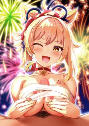 1male bandage between_breasts big_breasts blonde_hair blush breasts busty choker erection explosion female fireworks genshin_impact happy happy_sex hi_res large_breasts looking_at_viewer mosaic_censoring nipples orange_eyes paizuri penis sarashi sigma_rio smile tattoo wink yoimiya_(genshin_impact)