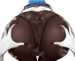 ass ass_focus ass_grab big_ass blue_eyes blue_hair cameltoe female gloves huge_ass original panties panties_under_pantyhose pantyhose pov short_hair simple_background solo terakoya thigh_gap trefoil underwear white_background white_gloves