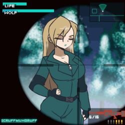 1girls animated aqua_lipstick blonde_hair blush breasts censored censored_nipples female female_only flashing flashing_breasts funny green_lipstick gun hud jacket large_breasts lipstick metal_gear_(series) metal_gear_solid no_bra open_clothes open_jacket scruffmuhgruff sniper sniper_wolf