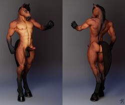 3d_(artwork) anthro ass athletic back_muscles brown_body brown_fur digital_media_(artwork) equid equine fur genitals grey_background hooves horse humanoid_genitalia humanoid_penis male mammal muscular nude penis pose simple_background solo teak_(thirteeenth) thirteeenth