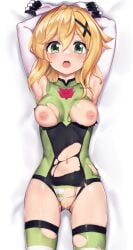 absurdres akatsuki_kirika bed_sheet blonde_hair blush breasts dakimakura_(medium) female green_eyes green_leotard hair_ornament highres leotard looking_at_viewer lying medium_breasts minutachi navel pussy senki_zesshou_symphogear shiny shiny_hair shiny_skin short_hair solo striped striped_legwear torn_clothes torn_legwear torn_leotard x_hair_ornament