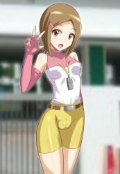 1girls belt brown_eyes brown_hair cameltoe camera clothed digimon digimon_adventure digimon_adventure_02 elbow_gloves female female_only heigako heigani hikari_yagami human innie_pussy looking_at_viewer nipples nipples_visible_through_clothing open_mouth peace_sign pussy shorts shoulder_length_hair smile solo tight_clothing toei_animation