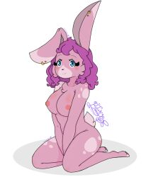 blue_eyes bunny_girl kneeling large_breasts nipples nude nude_female pink_fur purple_hair sakura_(gaminggryff) smiling_at_viewer thick