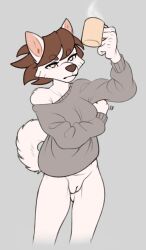 2022 anthro bottomless canid canine canis casual_exposure clothed clothing domestic_dog female genitals grey_background hi_res hot_drink itching korean_jindo landlord_(wick) mammal mug pussy scratching simple_background solo spitz sweater topwear wick_(artist)