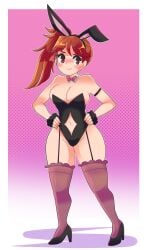 2d blush bunnysuit clothing embarrassed female female_only high_heels human humanoid large_breasts light-skinned_female light_skin navel not_furry onigiri_punch pale-skinned_female pale_skin red_eyes red_hair sakura_taisen sakura_wars shin_sakura_taisen shinonome_hatsuho solo stockings thick_thighs tummy