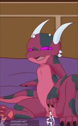 after_sex anthro beans_(disambiguation) bodily_fluids clitoris cum cum_in_pussy cum_inside cute_fangs female female_focus genital_fluids genitals hi_res horns kamperkiller_(artist) kobold lena_the_kobold looking_at_viewer open_mouth pawpads purple_eyes pussy red_body smile solo spread_legs spread_pussy spreading tagme