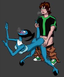 1boy 1boy1girl 1girls alien alien/human alien_girl amber_eyes anthro ben_10 ben_10_omniverse ben_tennyson blue_skin boobs bottomless bottomless_female breasts female from_behind from_behind_position green_eyes helen_wheels human human_on_anthro humanoid interspecies k8-e kineceleran male male/female medium_breasts pants_down penetration penis sex sex_from_behind tits white_eyes