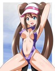 1girls blue_eyes breasts brown_hair cameltoe cap cleavage erect_nipples female female_only hands_behind_head heigako heigani innie_pussy large_breasts long_hair looking_at_viewer navel nipples_visible_through_clothing one-piece_swimsuit pinup_pose pokemon posing rosa_(pokemon) solo squatting twintails