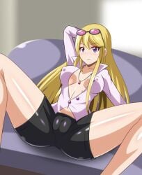 1girls blonde_hair breasts cameltoe digimon digimon_story digimon_story:_cyber_sleuth erect_nipples female female_only hand_behind_head heigako heigani human innie_pussy kyouko_kuremi long_hair looking_at_viewer necklace nipples nipples_visible_through_clothing purple_eyes pussy shiny_skin shirt shorts sitting skin_tight smile solo spread_legs sunglasses sunglasses_on_head unbuttoned_shirt