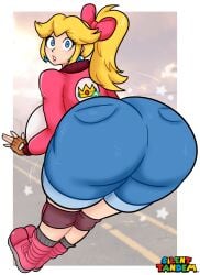artist_logo artist_signature ass ass ass_focus big_ass big_breasts blonde_hair blue_eyes blush blush boots bow butt_focus earrings fingerless_gloves fully_clothed gloves huge_ass huge_breasts jacket jean_shorts jumping lipstick looking_at_viewer looking_back looking_back_at_viewer mario_(series) mario_kart mario_kart_world nintendo ponytail princess_peach silenttandem socks stars surprised surprised_expression yellow_hair