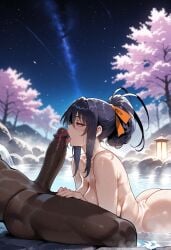 1boy 1girls ai_generated akeno_himejima ass bangs bathing black_hair blush bow breasts completely_nude curvaceous curvaceous_female curvaceous_figure curvy curvy_figure dark-skinned_male dark_skin erection exhibitionism fellatio female female female_focus hair_ornament hair_ribbon hairbow high_school_dxd interracial large_breasts large_penis licking licking_penis long_hair lying male miyuai night night_sky nipples nude on_back onsen open_mouth oral orange_ribbon outdoor_nudity outdoors outside outside_sex partially_submerged penis ponytail purple_eyes ribbon saliva sex sidelocks sitting sky smile solo_focus star_(sky) starry_sky steam straight sweat testicles thighs tongue tongue_out tree veins veiny_penis very_dark_skin voluptuous voluptuous_female water wet yellow_ribbon
