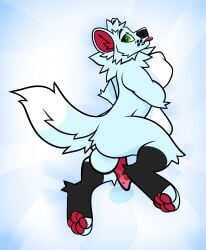 alan_(blasmoment) animal_genitalia animal_penis anthro arctic_fox balls black_body black_fur blue_body blue_fur bodily_fluids canid canine canine_genitalia canine_penis dakimakura fox fur genital_fluids genitals green_eyes hi_res hug hugging_object hugging_pillow knot lakkithefox male mammal nude penis pillow precum simple_background solo tongue tongue_out true_fox white_body white_fur
