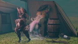 3d ass barefoot black_skin breasts cum cum_in_pussy cumflated_belly cumflation feet female futa_on_female futanari goblin goblin_female inflation lizard lizardman namu_(paccsu) paccsu penis pussy sallynuttcorn shortstack stomach_bulge victory