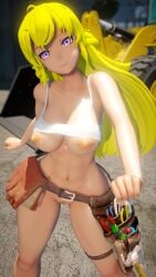 1girls abs blonde_female blonde_hair breasts jic_jic long_hair long_hair_female no_panties no_pants no_shorts purple_eyes revealing_breasts rwby solo_female tank_top tank_top_lift tool_belt yang_xiao_long