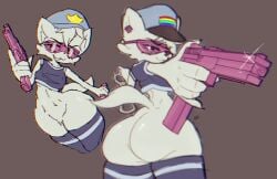 1boy 2025 back_view big_ass big_thighs boy_kisser_(meme) boykisser boykisser_(meme) chromatic_aberration digital_drawing_(artwork) digital_media_(artwork) domestic_cat fakesigss feline femboy front_view furry glasses gun handcuffs hi_res huge_ass long_socks male mischievous_smile officer_boykisser_(junoandmaxx) pride_colors ranged_weapon smile thick_thighs thighhighs weapon