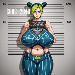 ai_generated angry_face bimbo bimbo_body bimbo_lips bimbo_milf curvy curvy_ass curvy_body curvy_female curvy_figure jojo's_bizarre_adventure jolyne_kujo plate prison prison_clothes