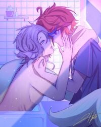 2boys ahoge aotsuki_eito bathtub blue_eyes blue_hair blush closed_mouth eito_aotsuki hands_up highres hood hooded_jacket jacket looking_at_another male_focus merman messy_hair monster_boy multicolored_eyes multicolored_hair multiple_boys open_mouth red_eyes red_hair sumino_takumi takumi_sumino the_hundred_line_-last_defense_academy- topless_male upper_body yaoi