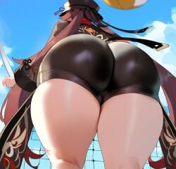 1girls ai_generated ass ass_focus blue_sky close-up cloud curvy day depressu female from_behind genshin_impact hat hu_tao_(genshin_impact) huge_ass jacket long_hair outdoors red_hair shorts sky solo thick_thighs thighs very_long_hair weapon